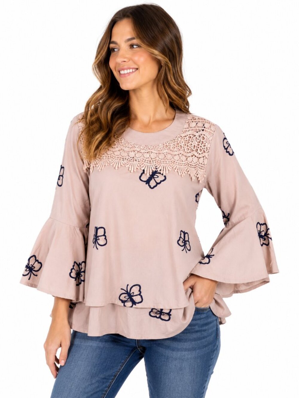Scotch & Soda Couture Blush Pink Butterfly Embroidered Lace Bell Sleeve